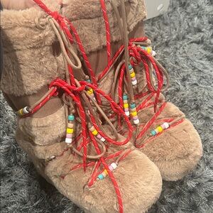 Steve Madden Cozy Faux Fur Beaded Lace-Up Boots in Taupe with Red Laces